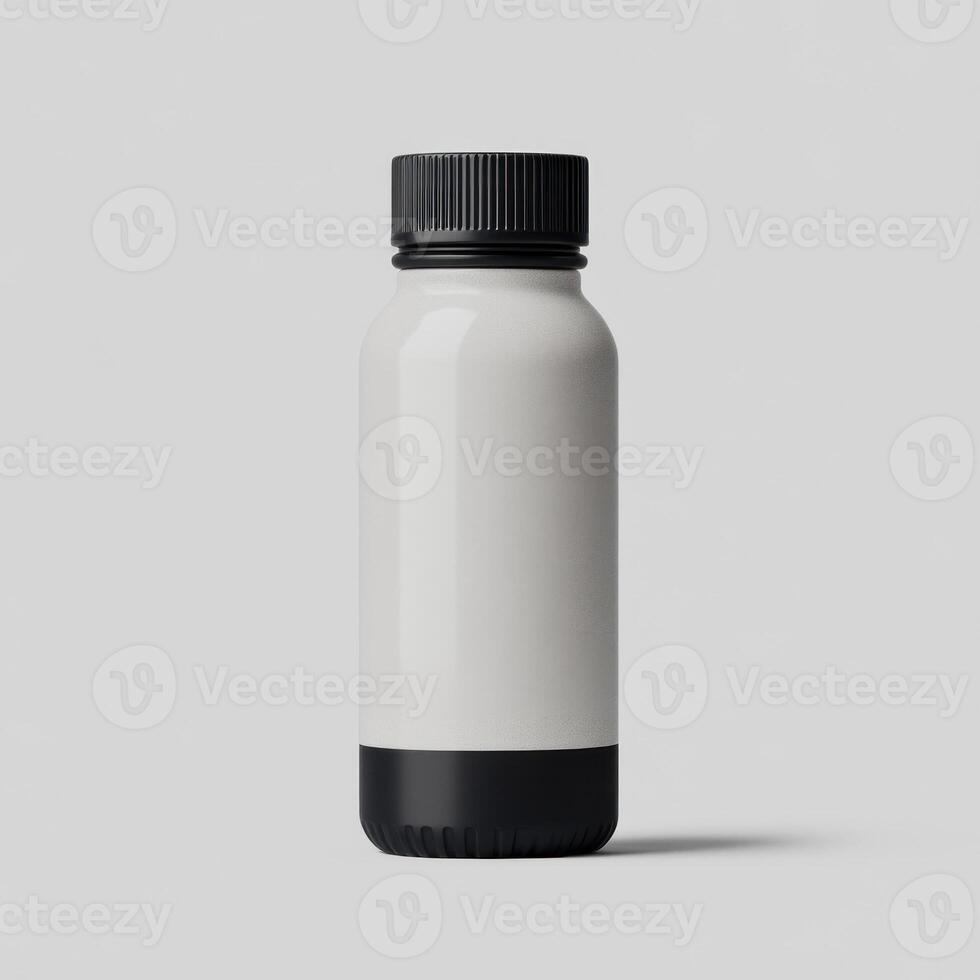 Minimalistic gray drink bottle with black lid on a plain background. isolated on white background. photo