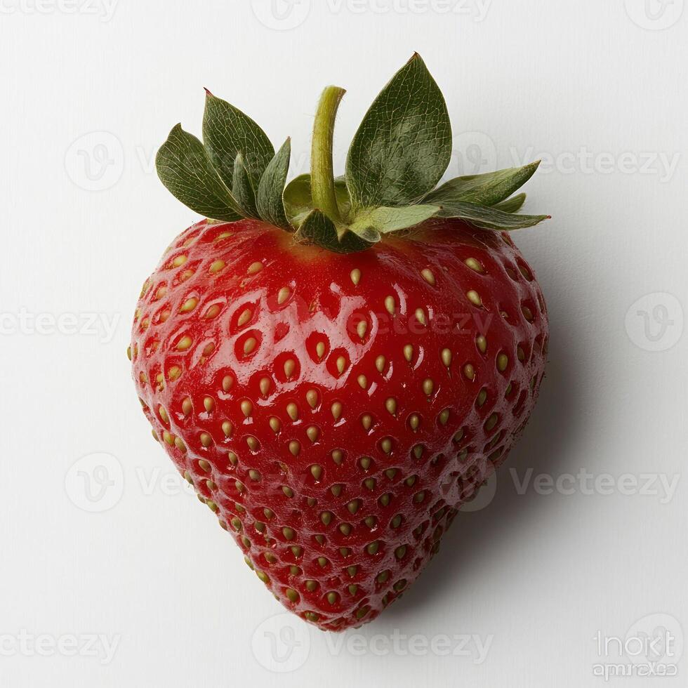 Fresh, ripe strawberry with vibrant red color and green leaves. isolated on white background. photo