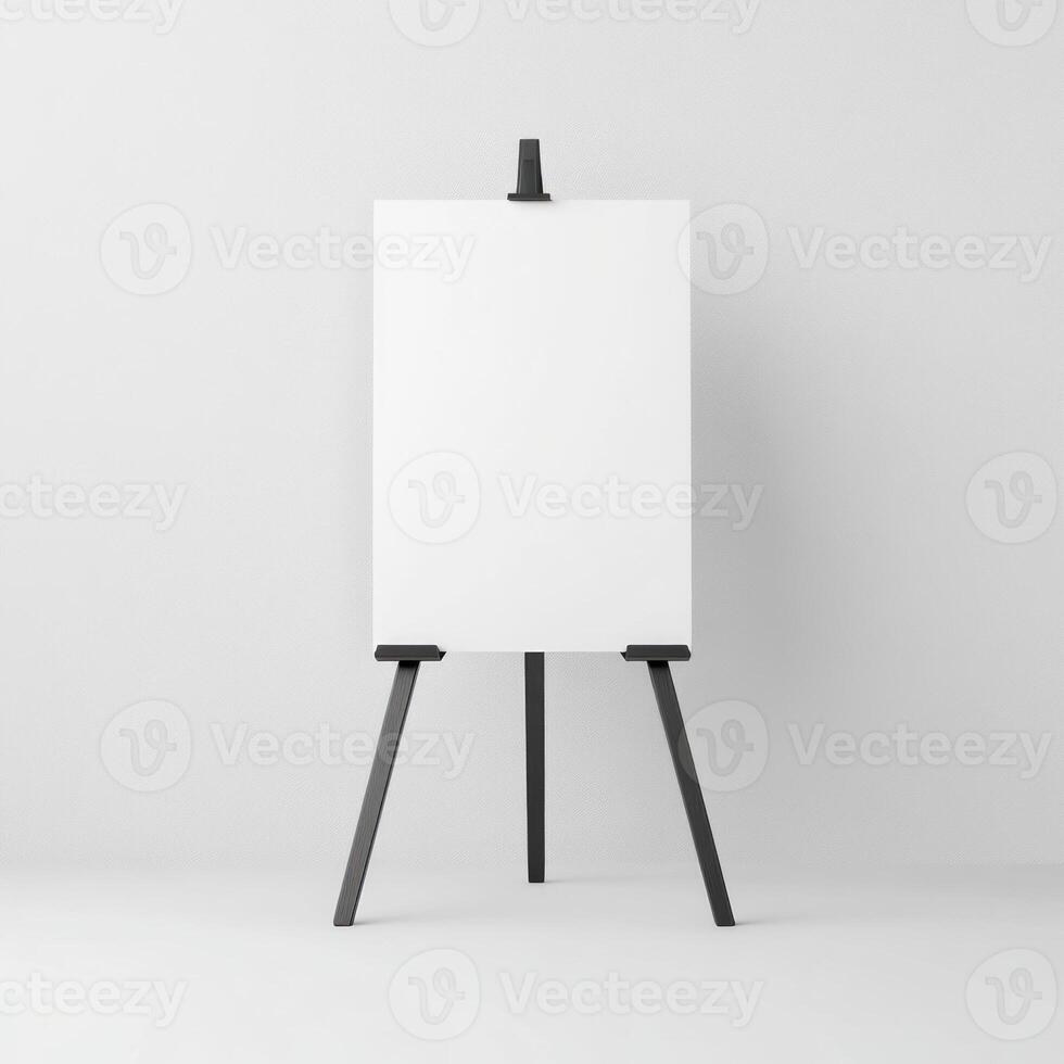 Minimalist easel displaying blank canvas in an empty room. isolated on white background. photo