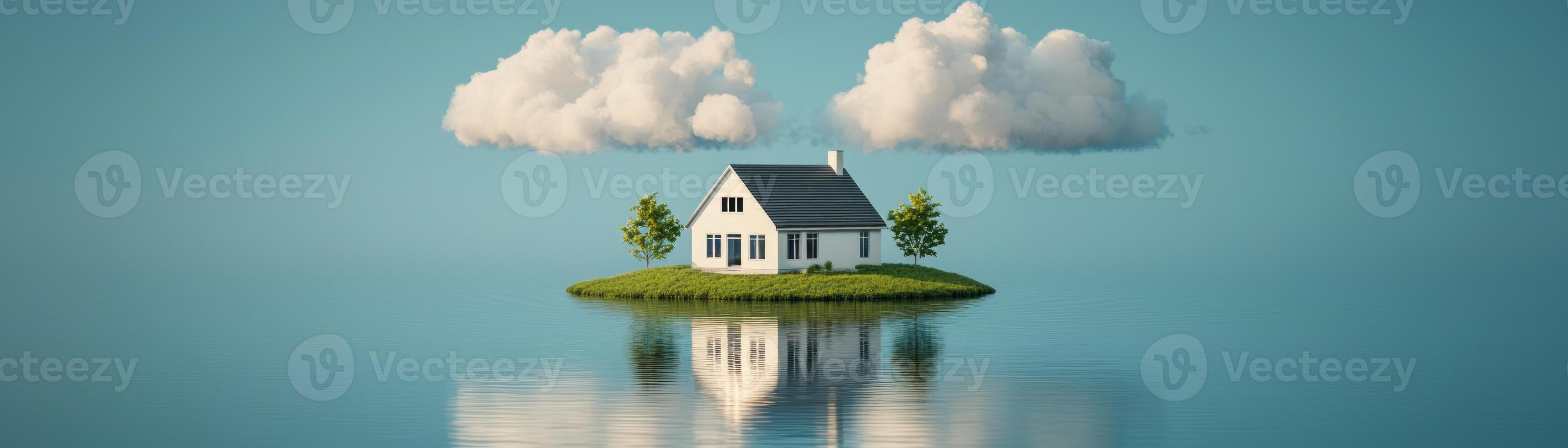 A tranquil house on an isolated island surrounded by calm water. photo