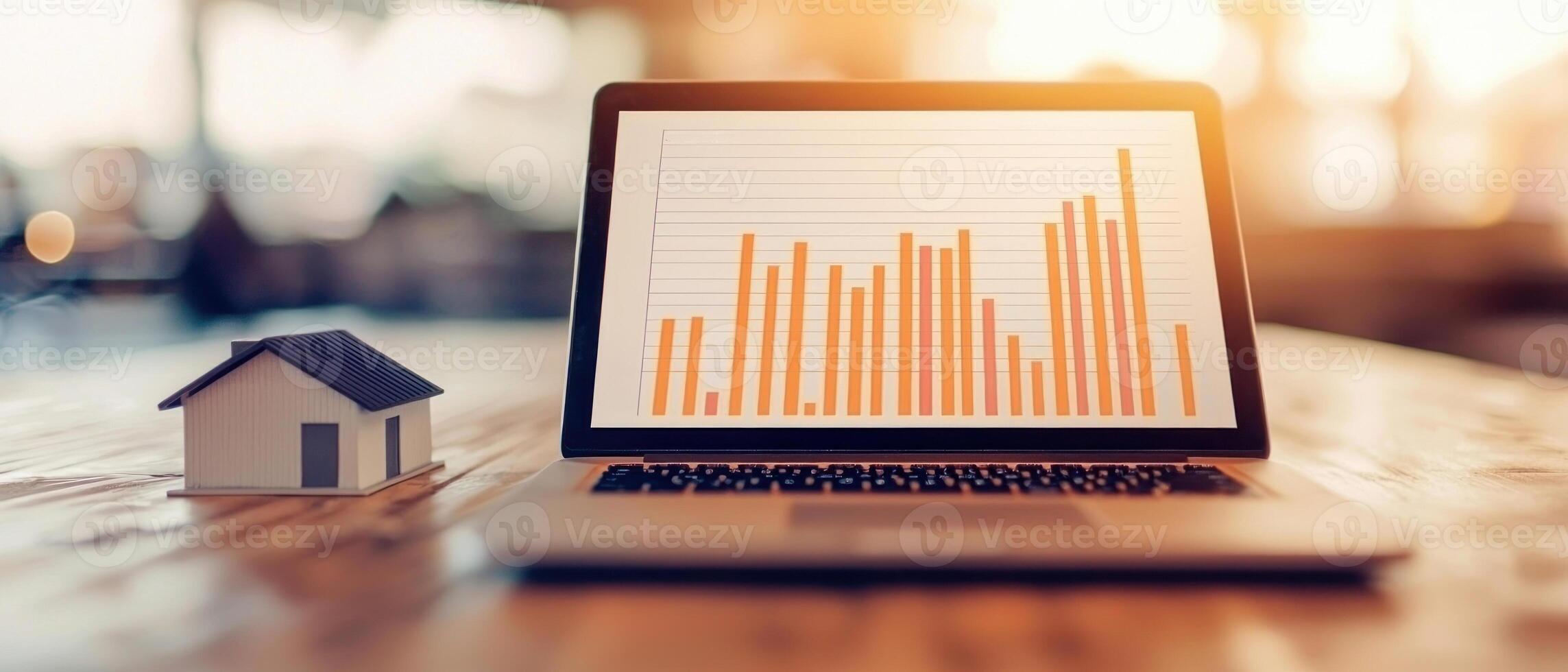 Laptop displaying financial growth with miniature house model. photo