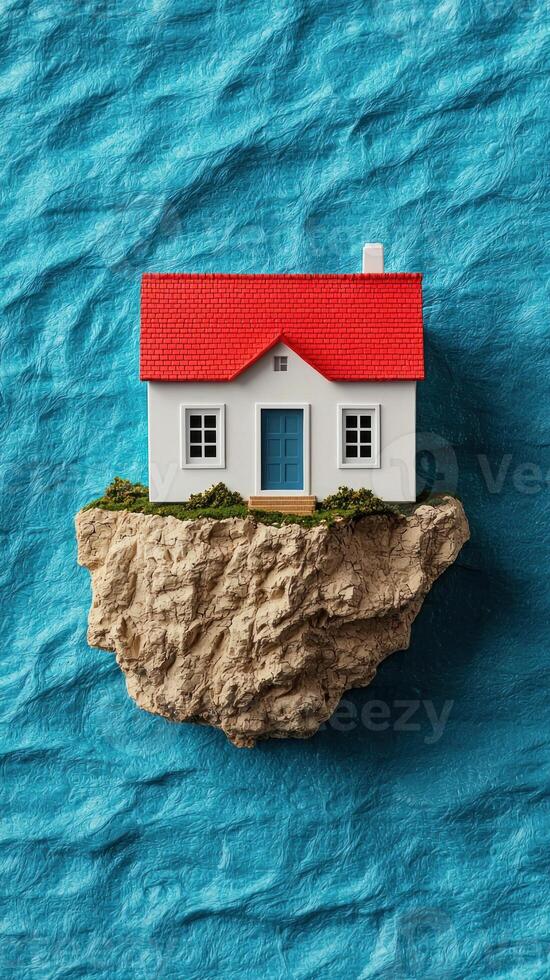 A whimsical house model perched on a rock with a vibrant background. photo