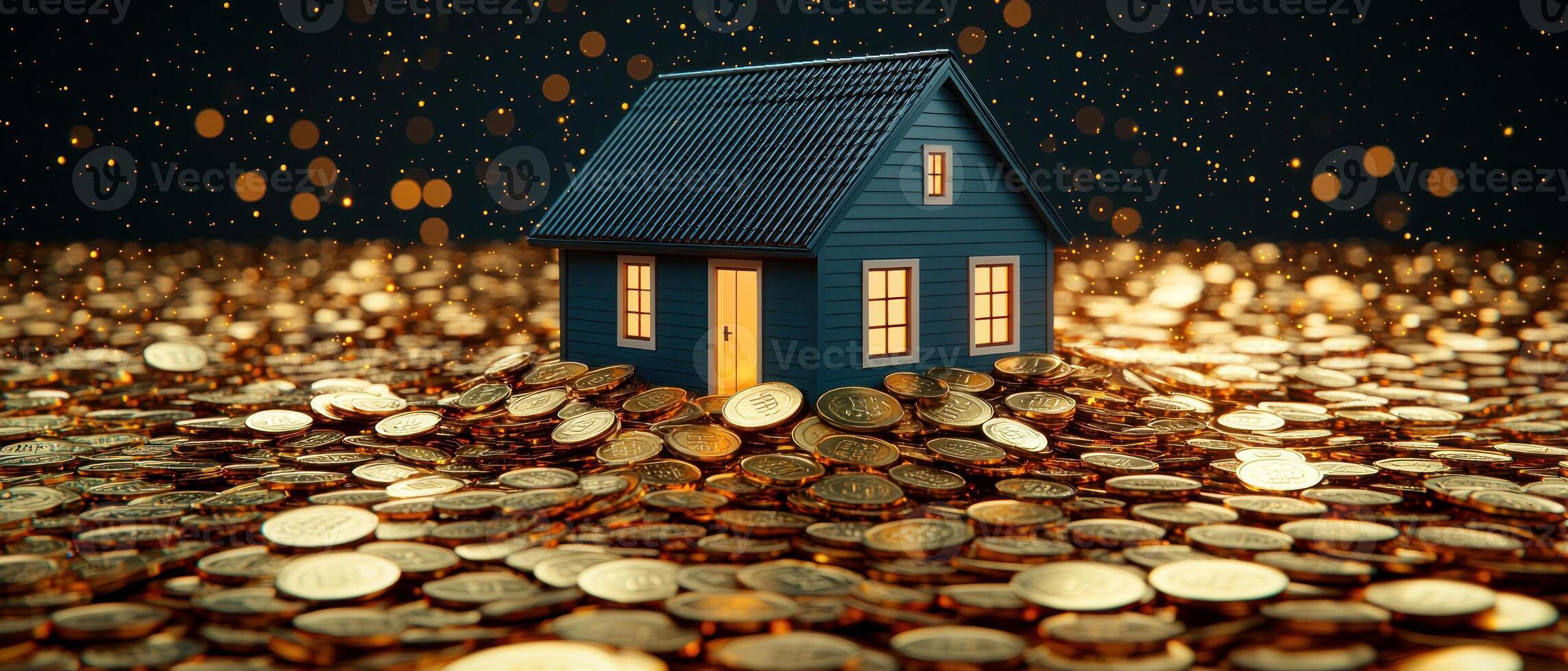 A house surrounded by golden coins illustrating wealth concept. photo