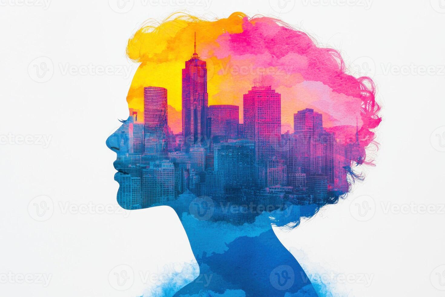 Artistic silhouette blending cityscape and colorful emotions. photo