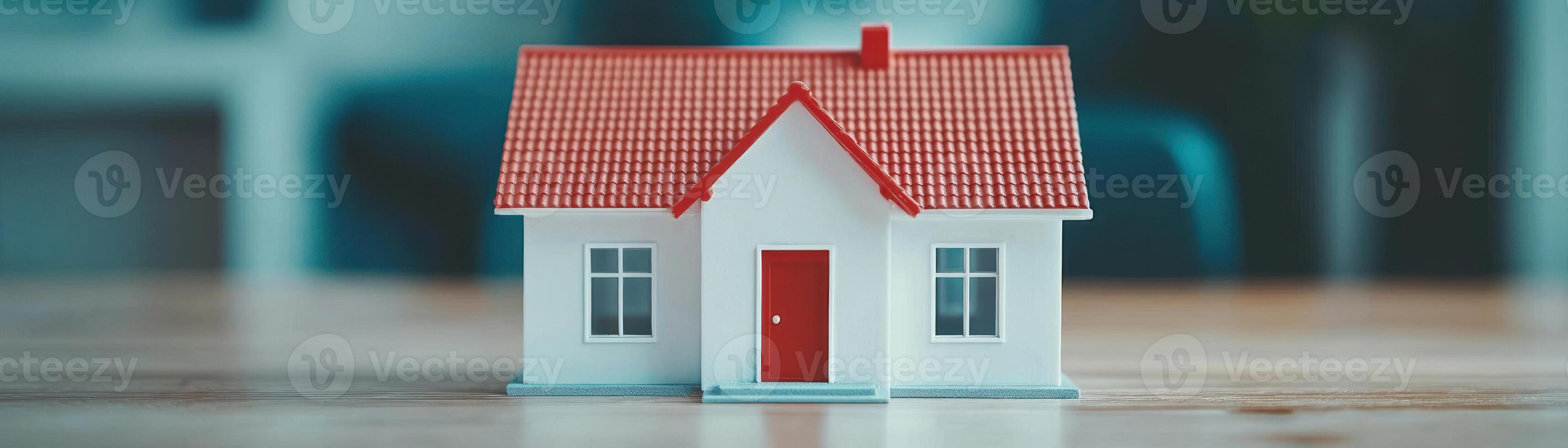 Miniature house model on a wooden surface representing home design. photo