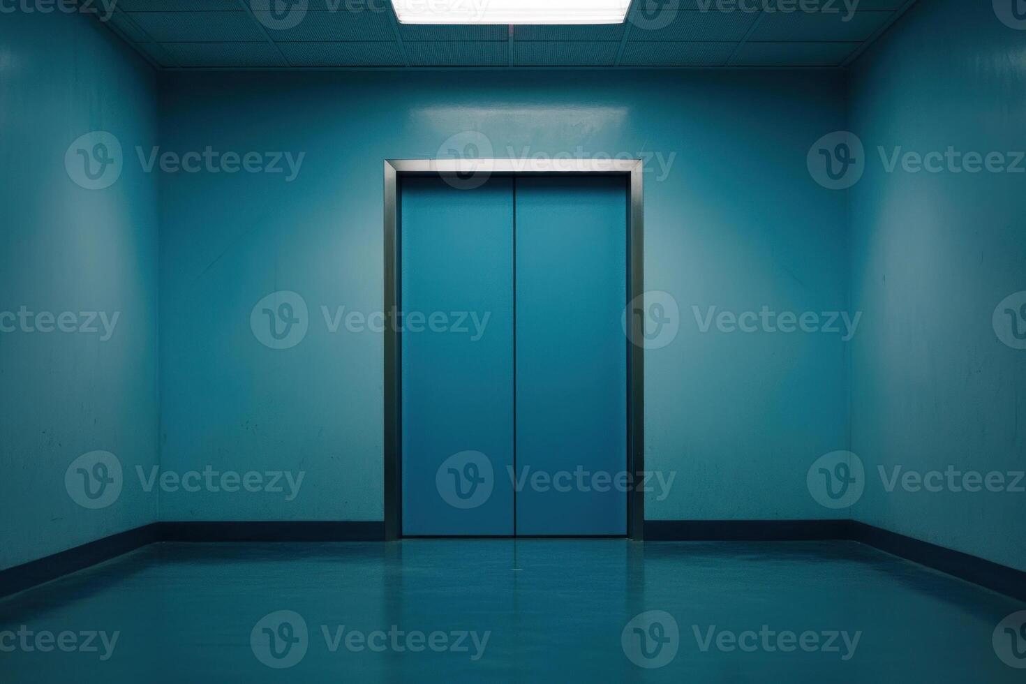 A modern elevator in a turquoise hallway, minimalistic design. photo