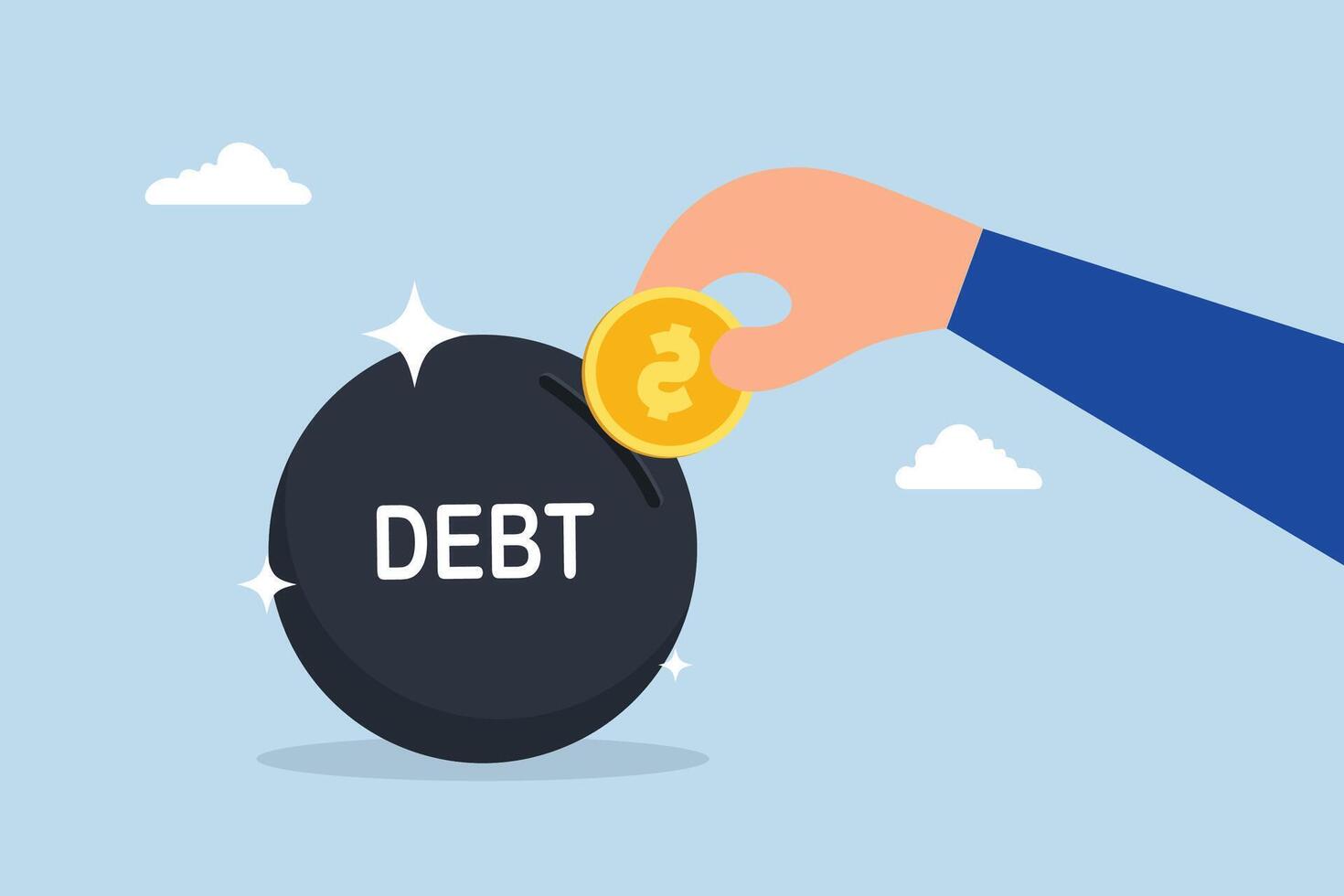 Pay off debt, businessman hand put dollar coin money into debt bomb. vector