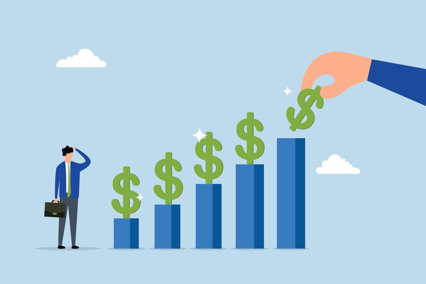 Investment dividends growth, Businessman places a dollar sign on a chart displaying financial growth. vector
