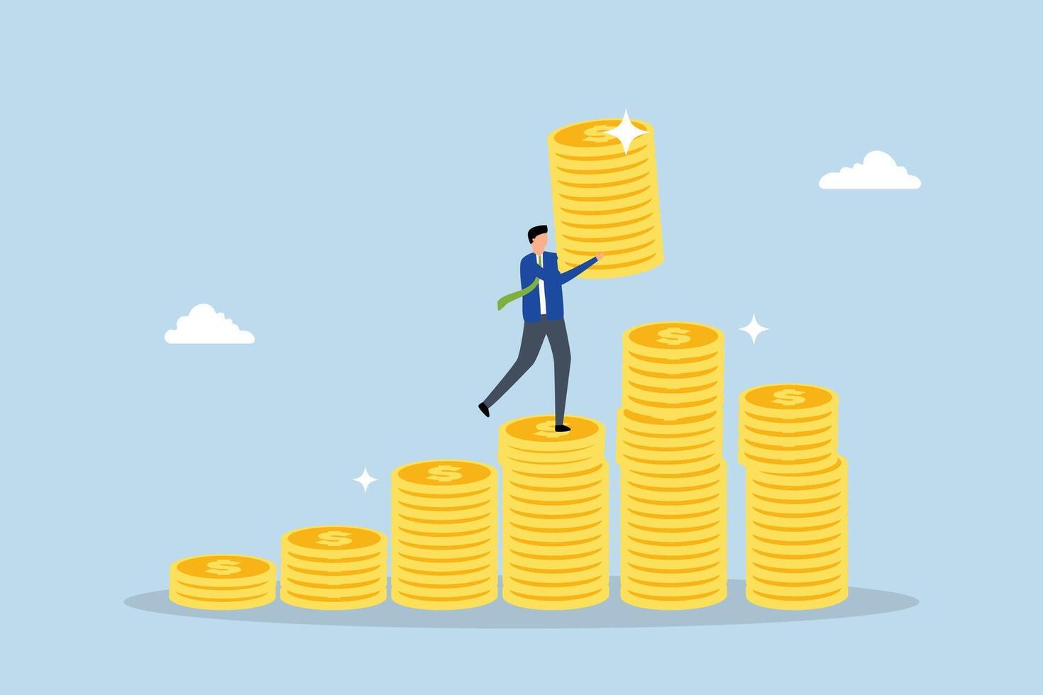 Investment growth compound interest, businessman increase money stack. vector