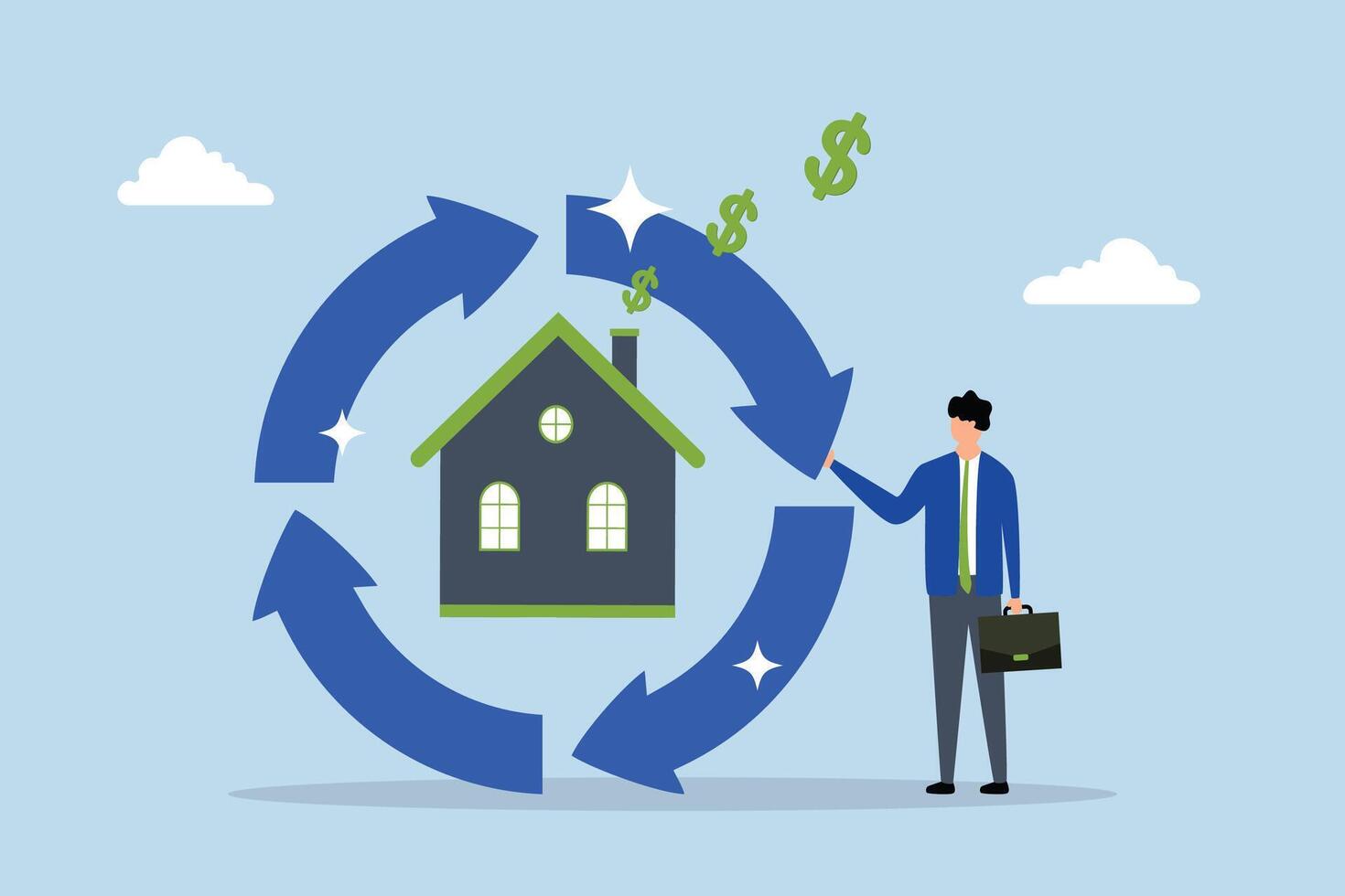 Reverse mortgage, businessperson is generating dollar symbols by using their house as collateral for a reverse mortgage. vector