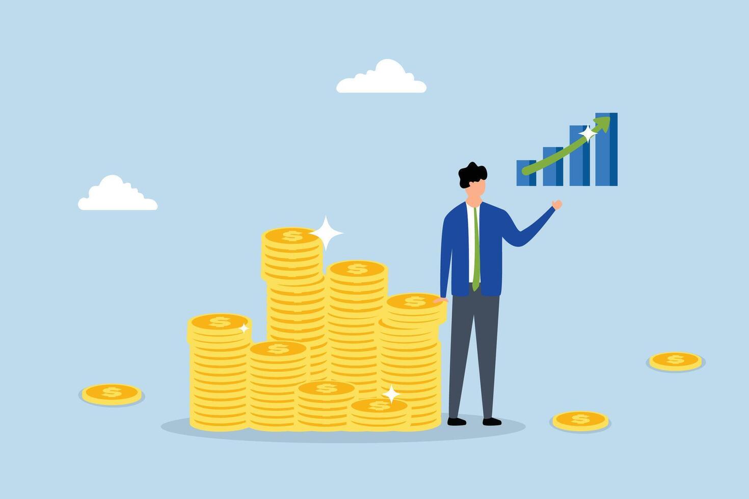 Success investment growth, Successful entrepreneur with pile of coins and rising graph. vector