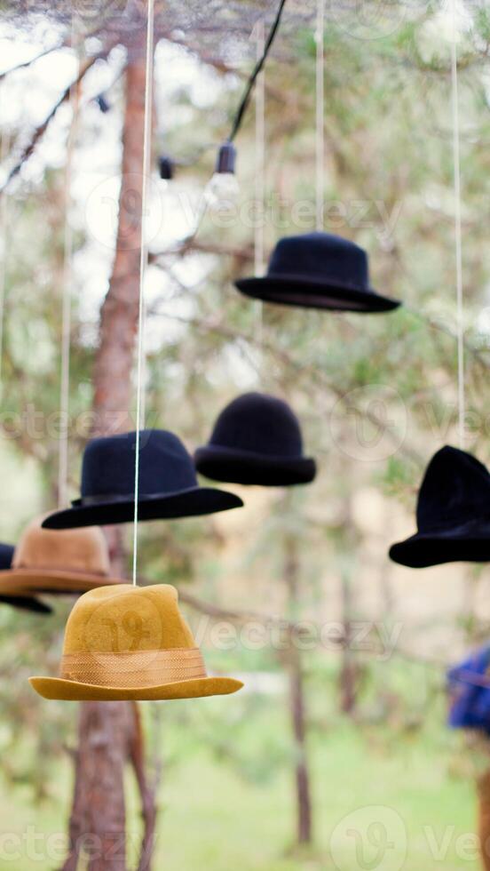 A group of hats hanging from strings photo