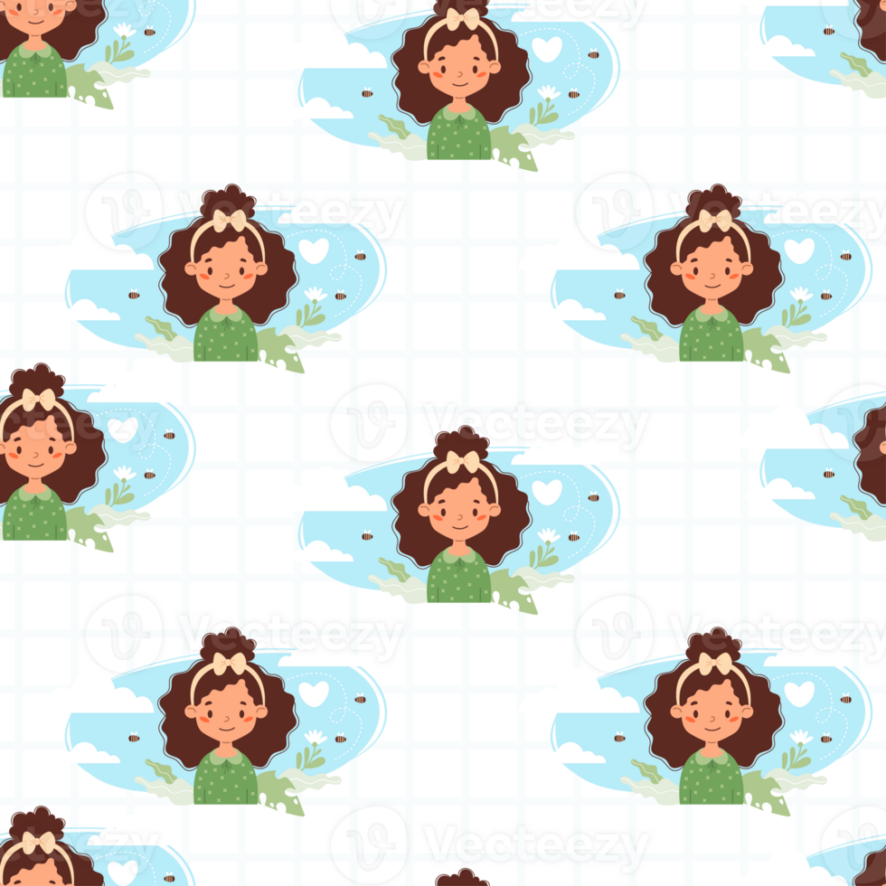 Seamless pattern with happy curly girl on checkered background with clouds png