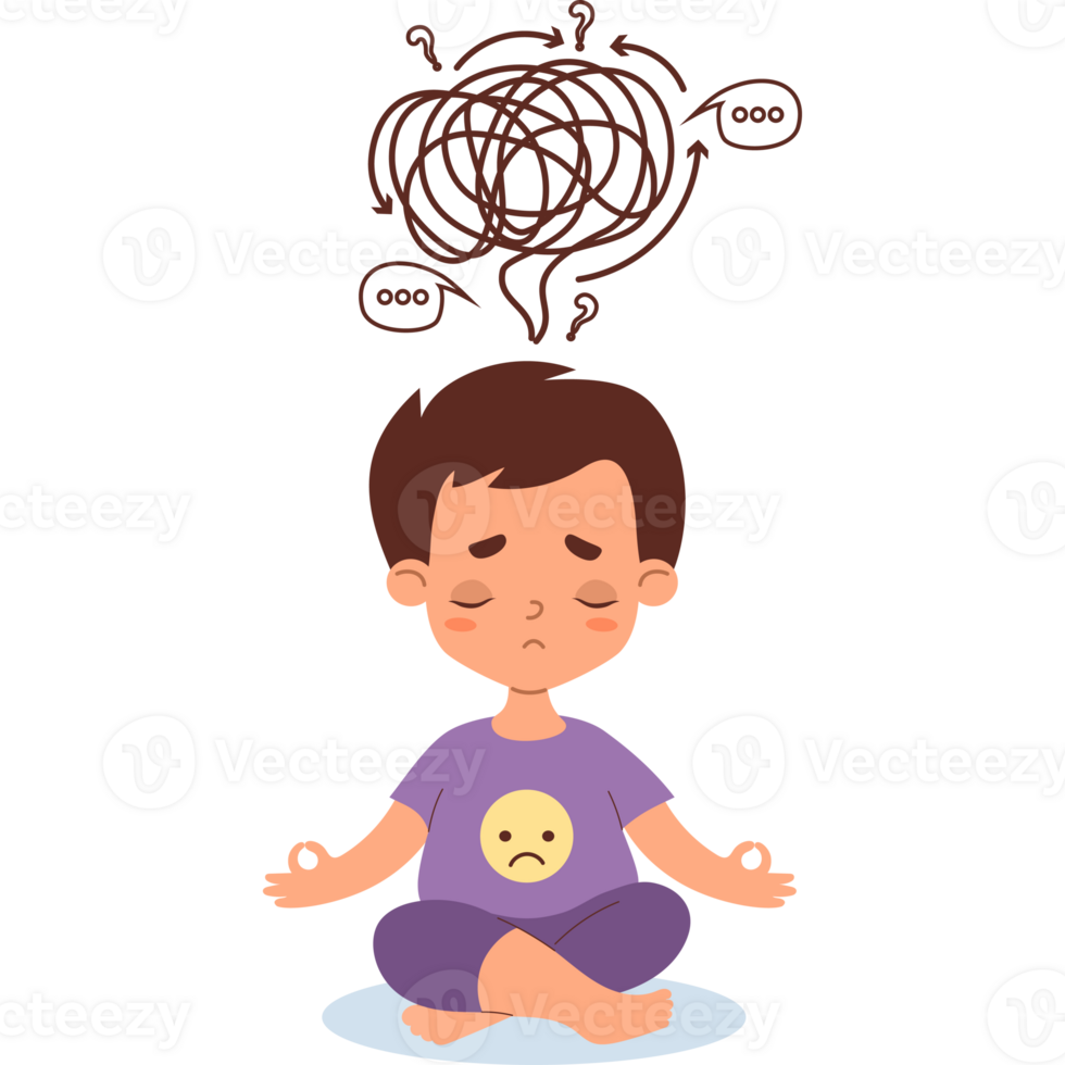Thoughtful sad boy meditates in lotus pose. Confused thoughts png