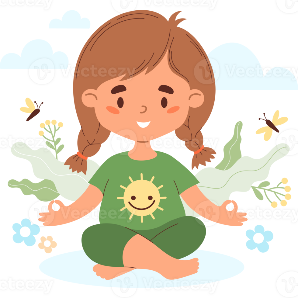 Happy girl with braids hairstyle meditating sitting in asana with nature png