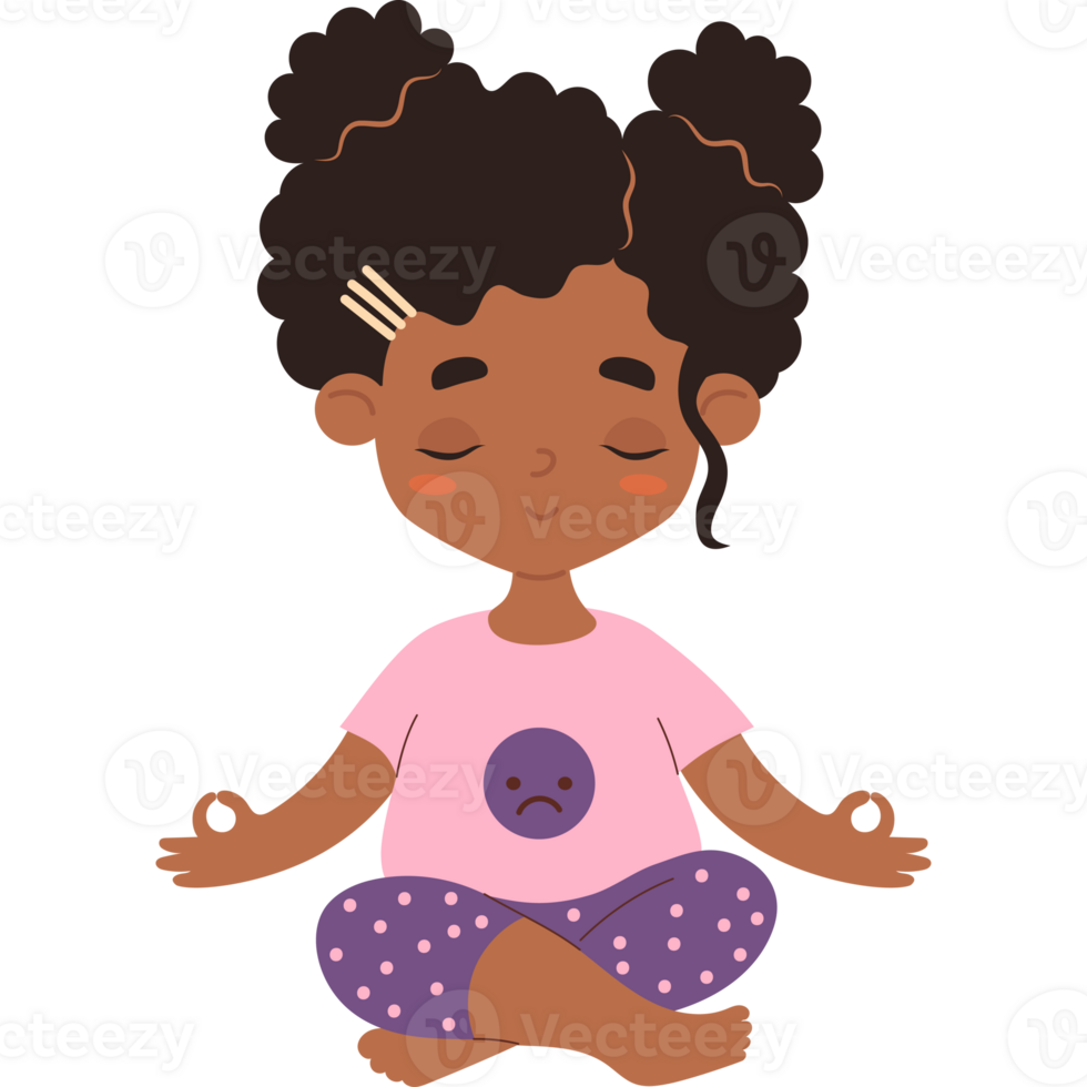 Thoughtful afro american girl in lotus pose meditates png