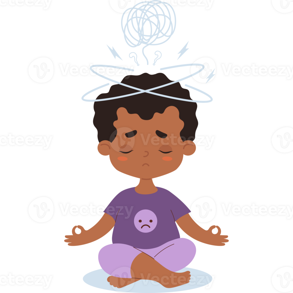 Thoughtful afro american boy in lotus pose meditates. Confused thoughts png
