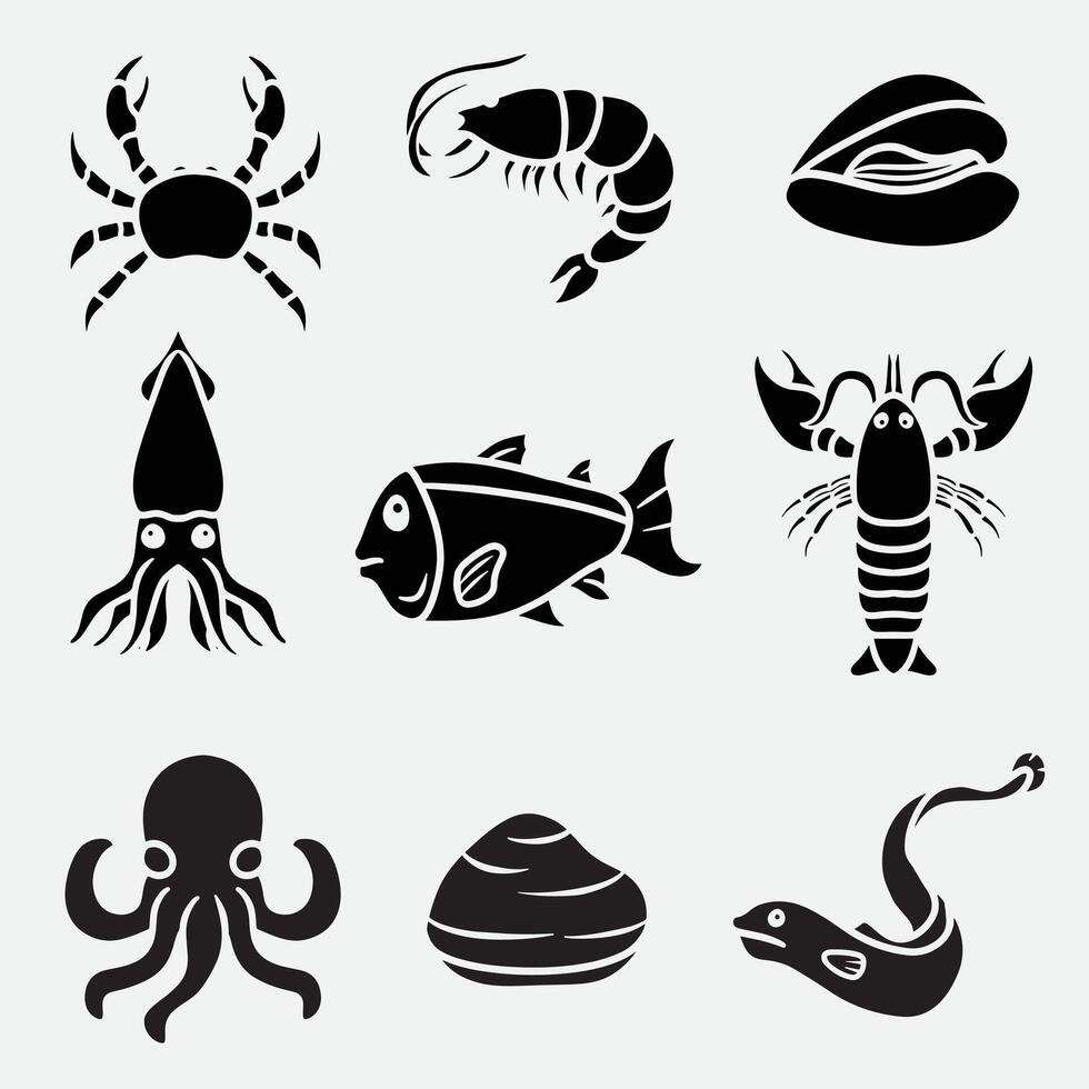set of seafood icons good for logo, silhouette design, elemeny design, symbol, etc vector