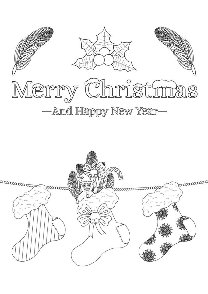 Festive black-and-white illustration of Christmas stockings, holly, and holiday greetings for coloring activities. vector