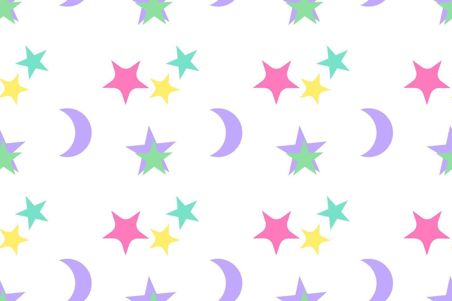 Seamless pattern featuring pastel stars and crescent moons in pink, yellow, green, and purple on a white background. vector