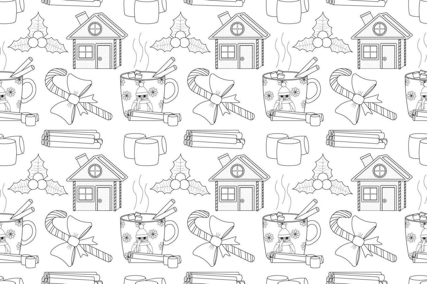 Black and white seamless pattern featuring mugs of cocoa, candy canes, gingerbread houses, holly, and cinnamon sticks. vector