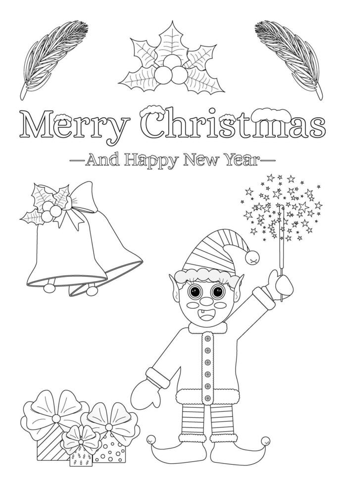 Christmas-themed coloring page featuring an elf with a sparkler, decorative bells, holly leaves, and gift boxes. vector