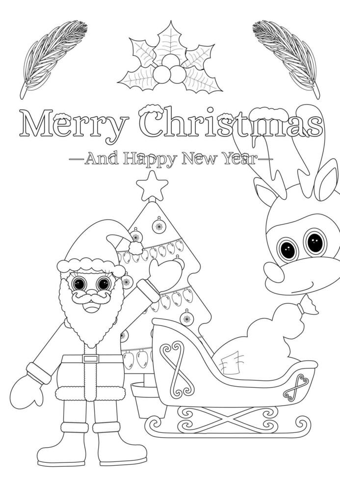 Black-and-white Merry Christmas coloring page featuring Santa Claus, a reindeer, a decorated tree, and festive text. vector