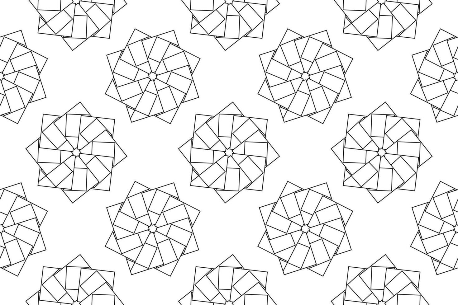 Black and white geometric floral pattern featuring overlapping square designs, ideal for childrens coloring pages. vector