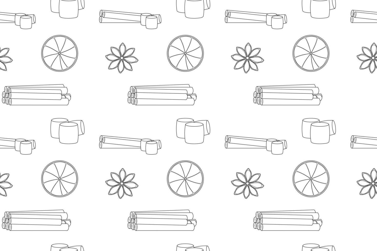 Seamless black-and-white pattern featuring spices, citrus slices, marshmallows, and star anise, perfect for coloring. vector