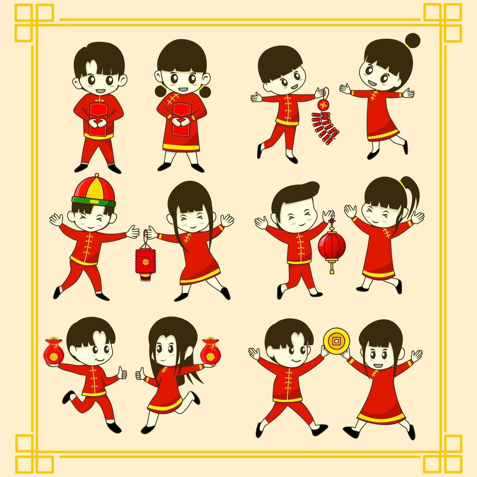 cute children characters wearing traditional chinese clothes for chinese new year celebration vector