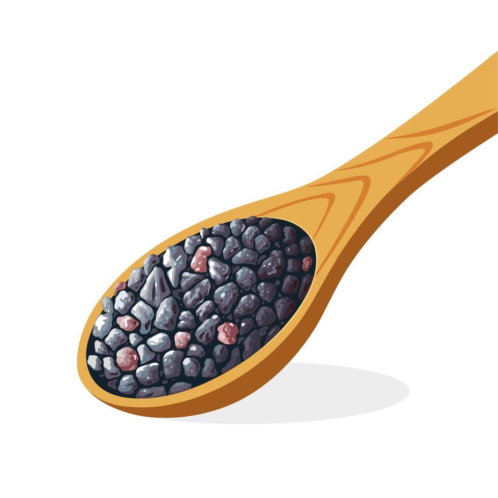 Illustration of black salt in a wooden spoon, better known in India as Kala namak, isolated on a white background. vector