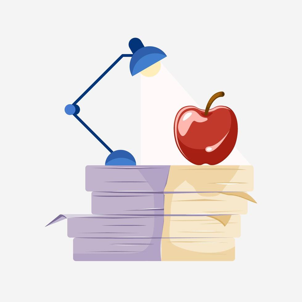 Flat illustration stack of paper with apple and work lamp vector