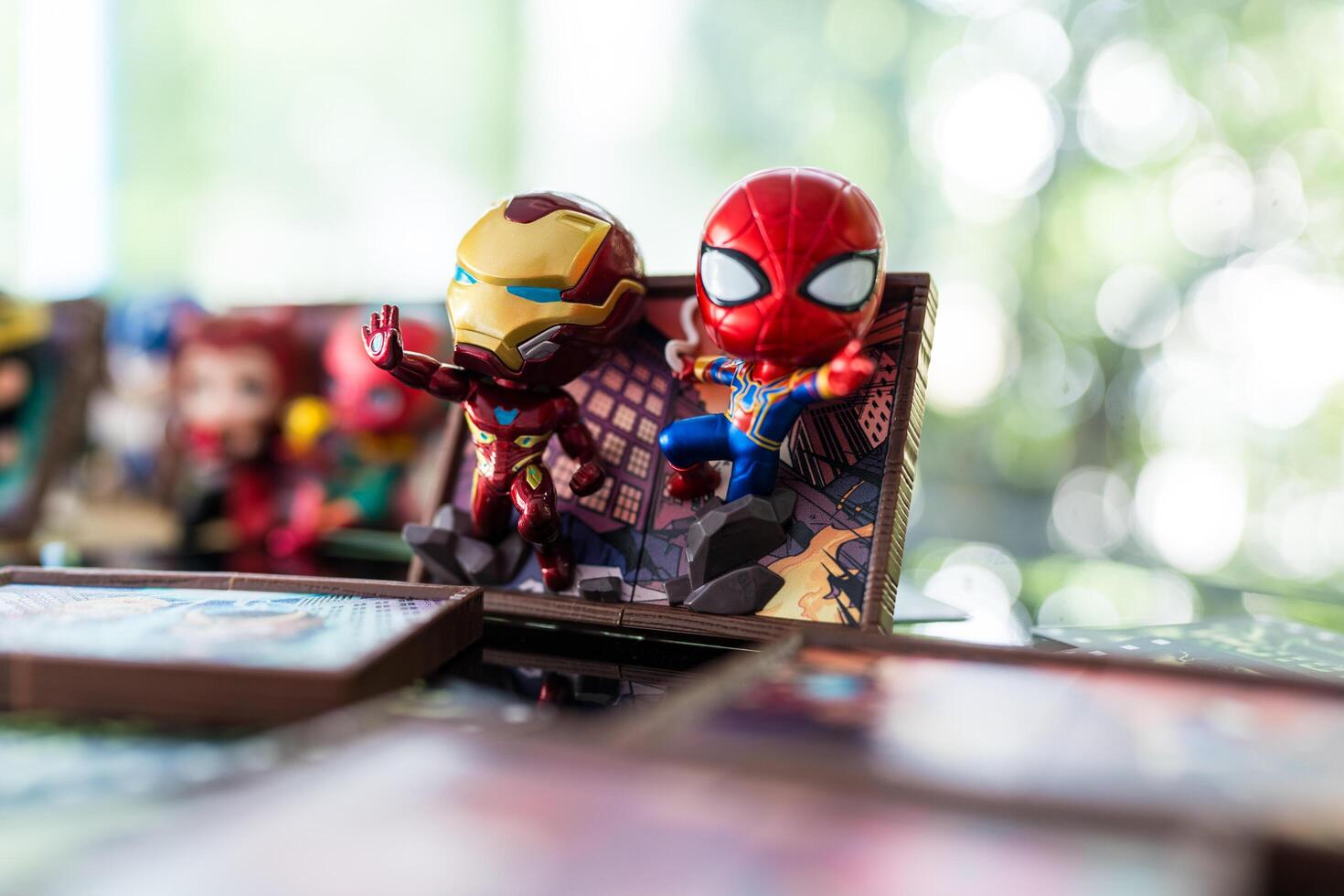 Bangkok, Thailand - December 1, 2024 Iron man and Spider Man, Frame Series Figures from Pop Mart shop. photo