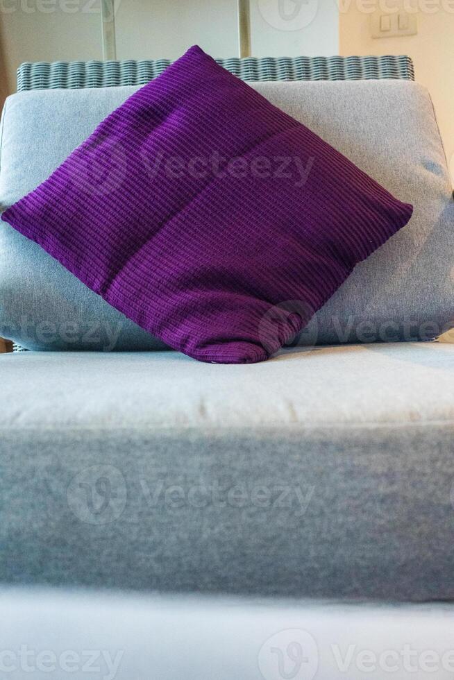 One purple bed cushions pot on sofa. photo