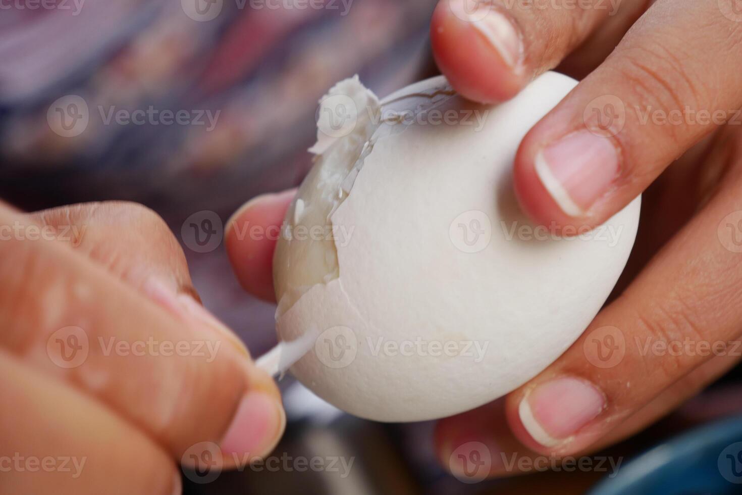 women hand perfectly Peeled Boiled Eggs photo