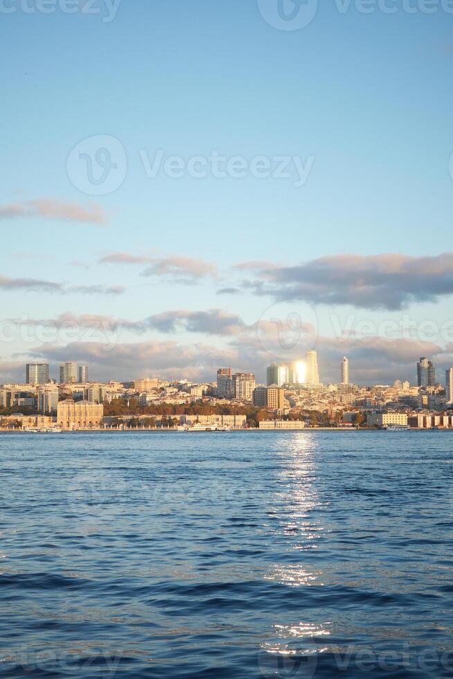 A picturesque city skyline beautifully reflected on calm waters during a stunning sunset photo