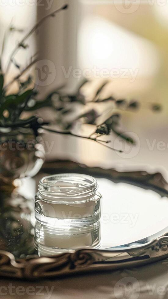 Cosmetic cream in a glass jar. Skin care concept. Cosmetic products background photo