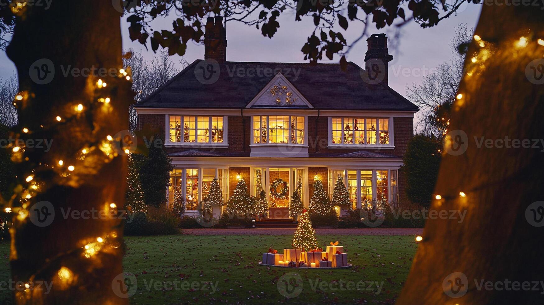 Christmas decorations of the old house in winter in the night city photo