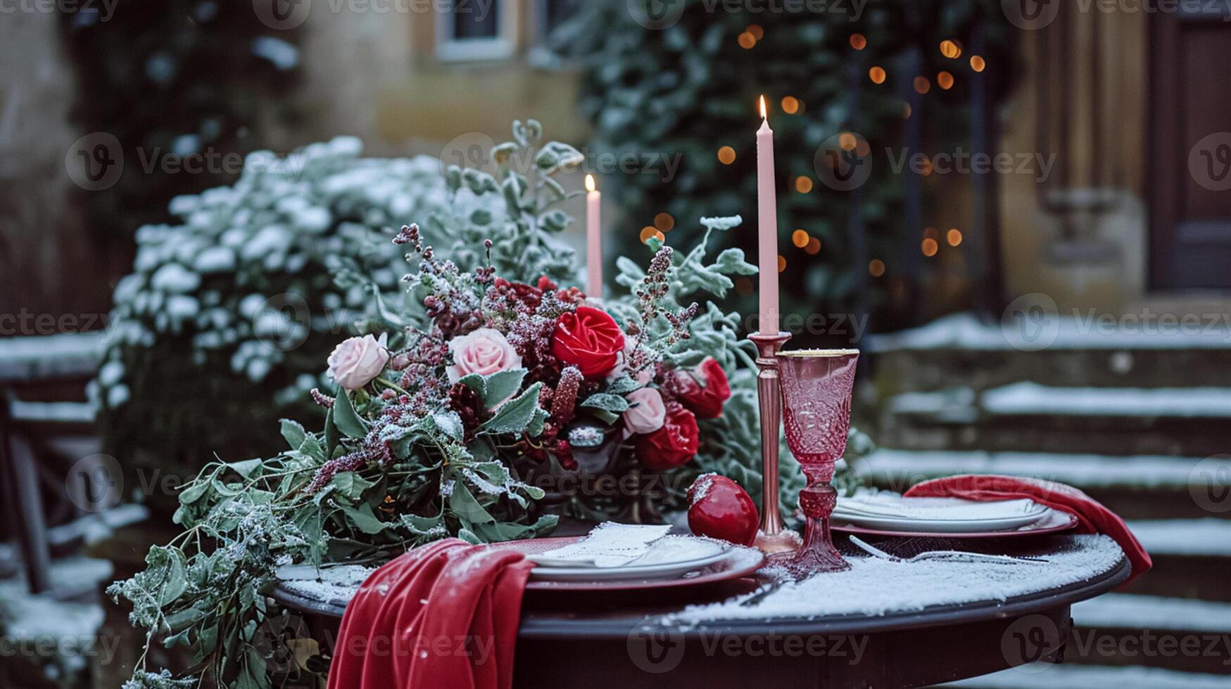 festivo mesa ajuste con cuchillería, velas y hermosa rojo flores en florero foto