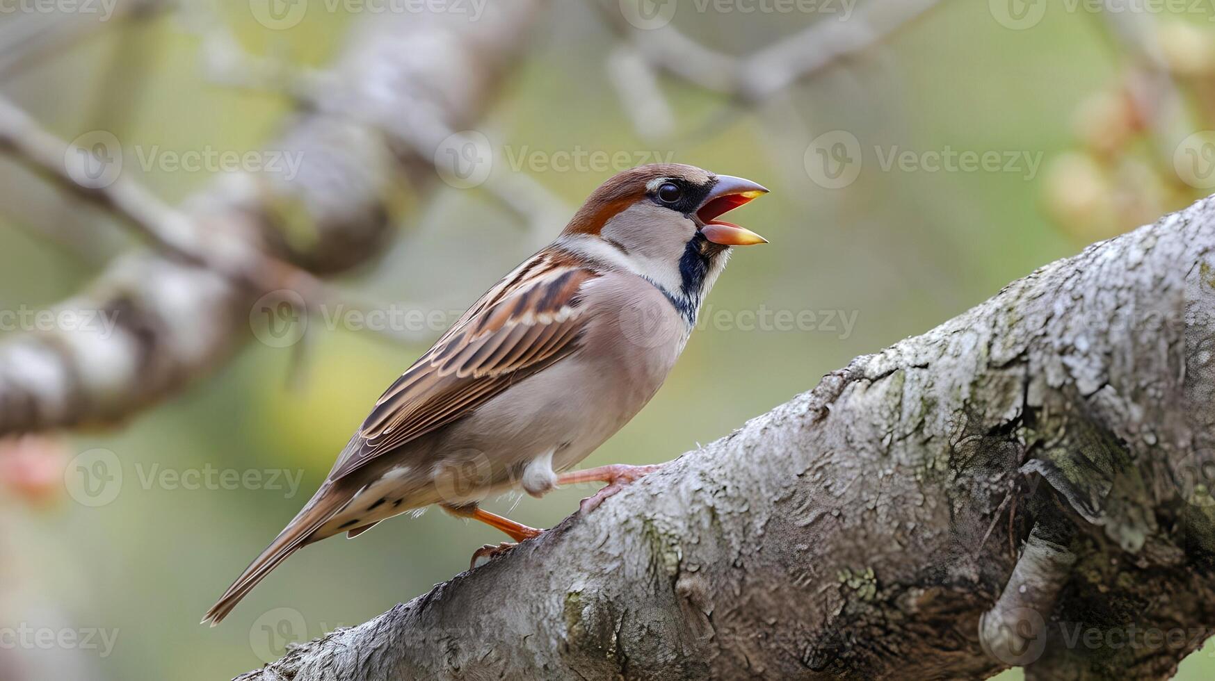 A sparrow is on a tree branch and making noise by shouting photo