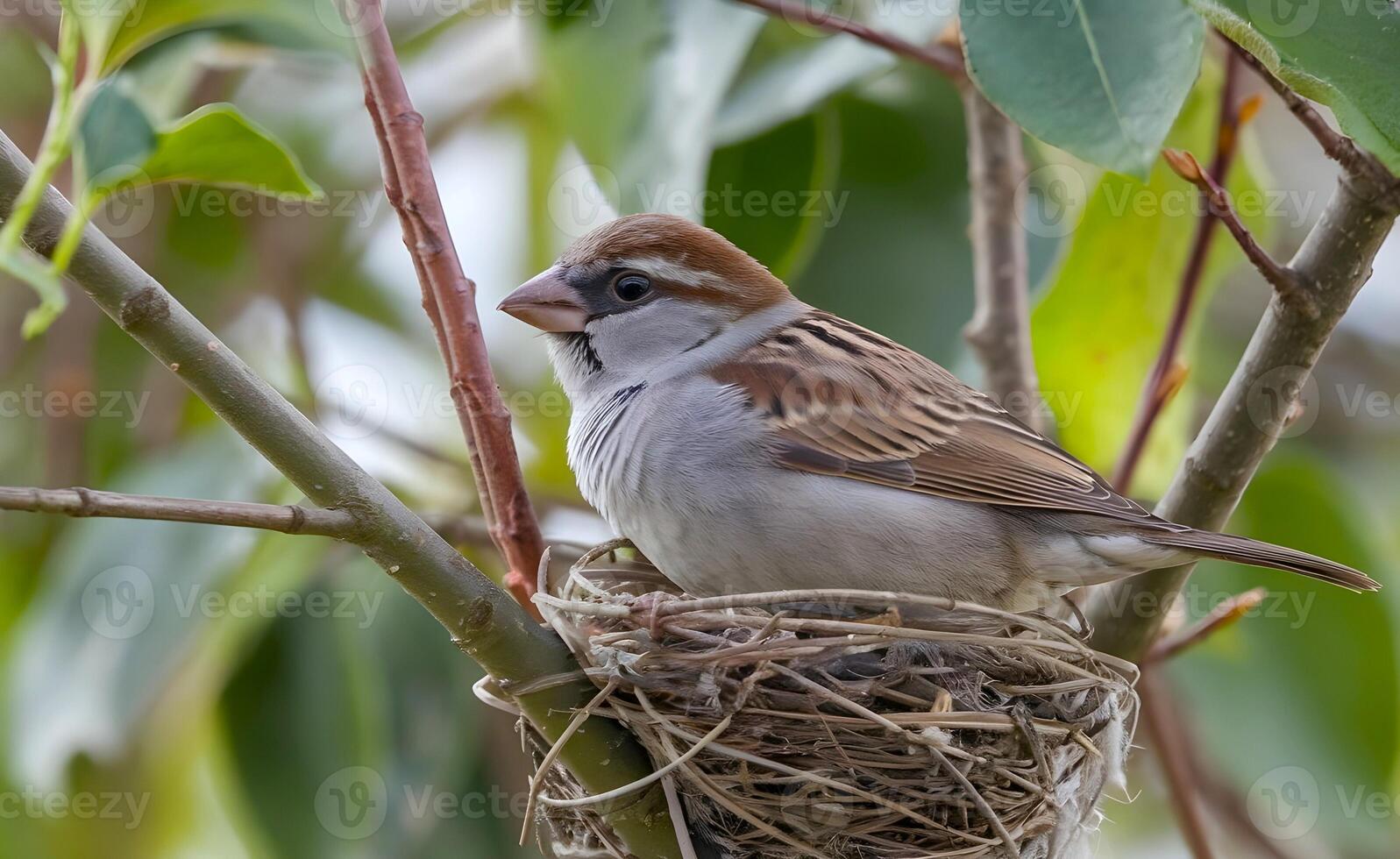 A cute sparrow is sitting on his nest covered with tree leaves photo