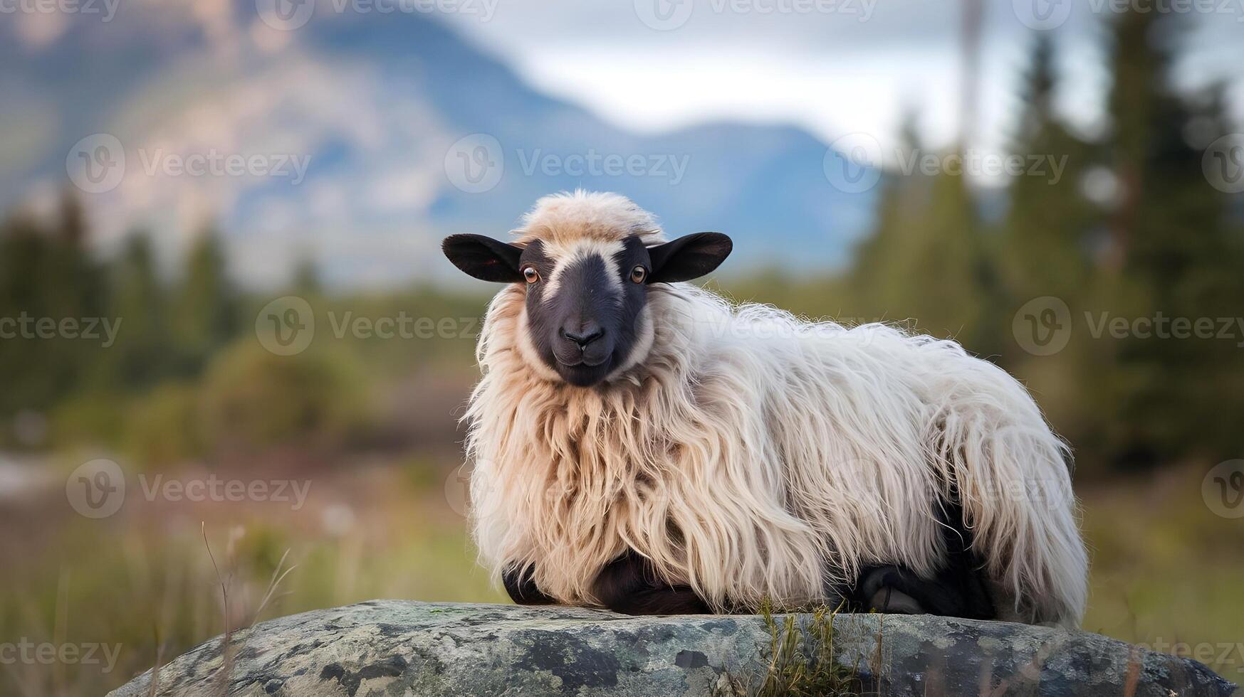 A sheep is sitting on a rock photo
