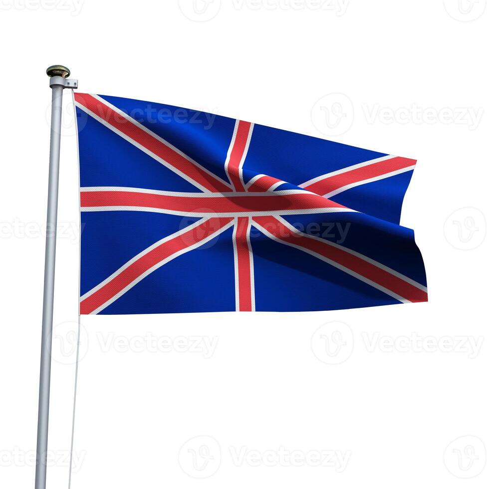 United Kingdom flag on a pole waving isolated on white background photo