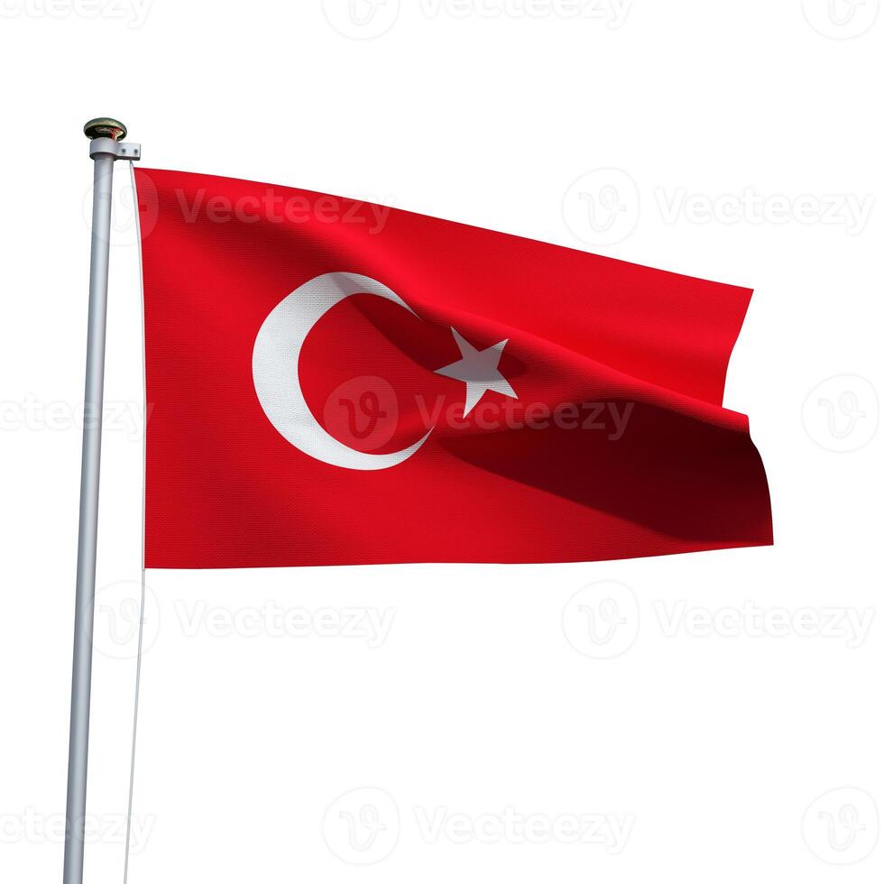 Turkey flag on a pole waving isolated on white background photo