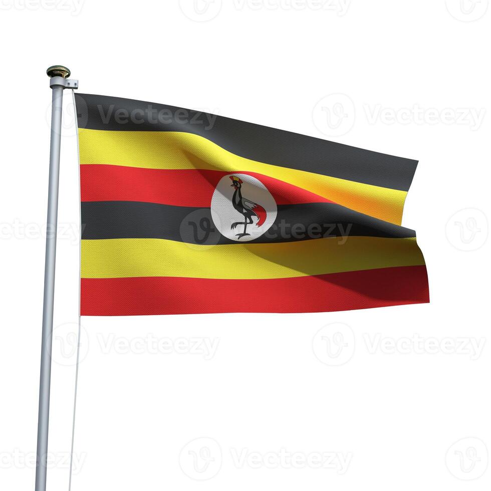 Uganda flag on a pole waving isolated on white background photo
