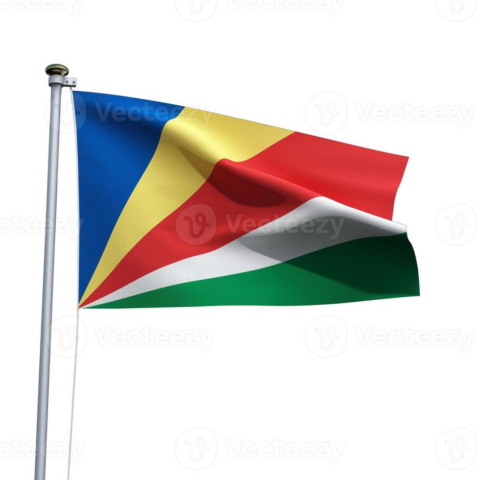 Seychelles flag on a pole waving isolated on white background photo
