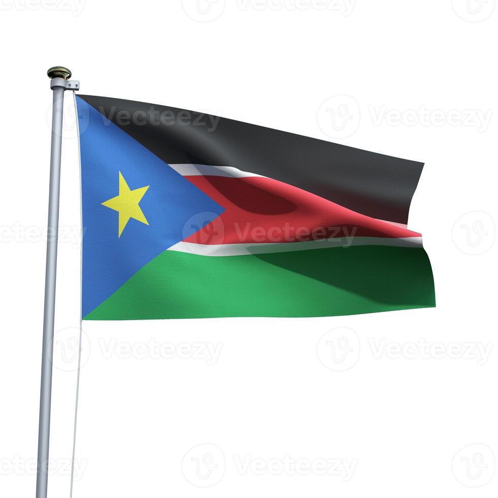 South Sudan flag on a pole waving isolated on white background photo