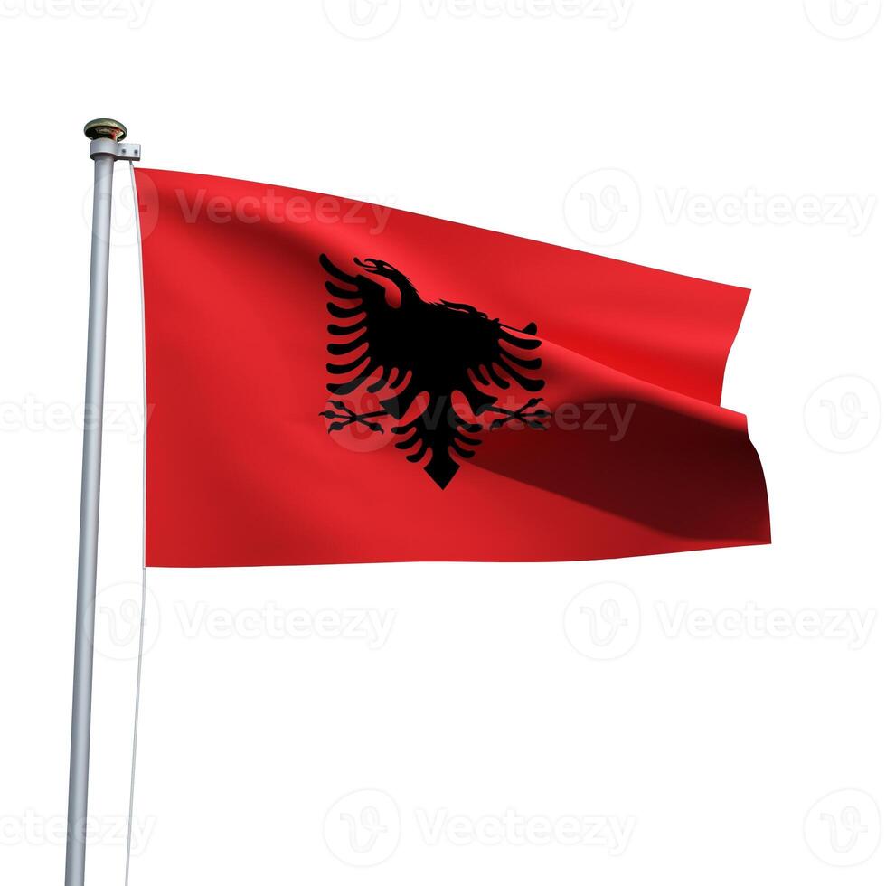Albania flag on a pole waving isolated on white background photo