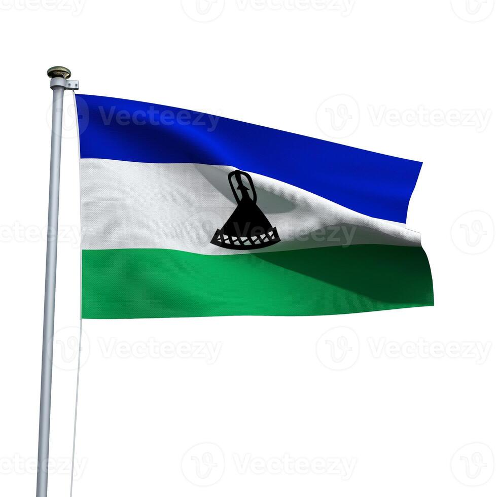 Lesotho flag on a pole waving isolated on white background photo