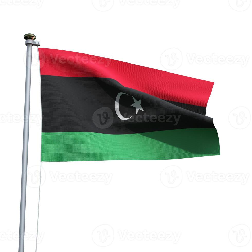 Libya flag on a pole waving isolated on white background photo